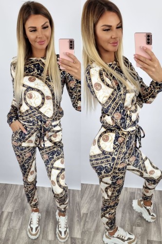 Komplet welurowy bluza + spodnie wzór grecki ecru K50  