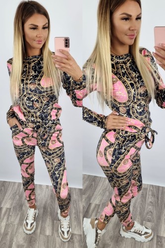 Komplet welurowy bluza + spodnie wzór grecki róż K50 