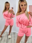 Komplet welurowy bluza na ramię + spodenki c.róż K108   