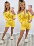 Komplet welurowy bluza na ramię + spodenki żółty K108  