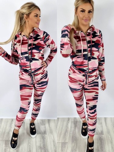 Dres welurowy bluza zamek + spodnie moro różowe K137  