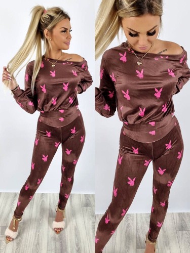 Komplet welurowy bluza + legginsy króliczki brązowy K142  