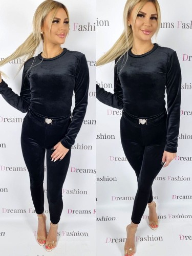 Komplet welurowy bluzka + legginsy pasek czarny K155