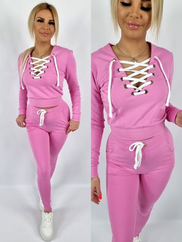 Komplet bluza dekolt wiązany + spodnie róż K166