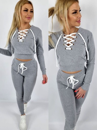 Komplet bluza dekolt wiązany + spodnie szary K166