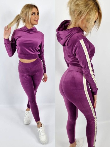 Komplet welurowy fiolet legginsy + bluza złoty lampas K175 
