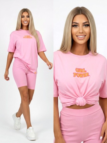 Komplet damski t-shirt kolarki różowy