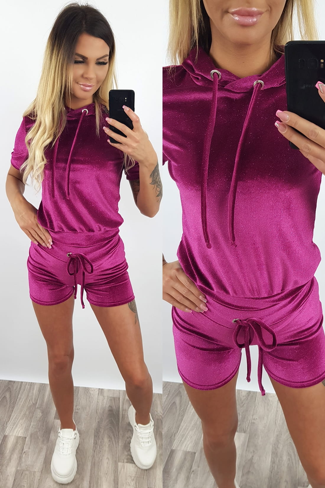 Komplet welurowy błyszczący bluza + spodenki różowy K38