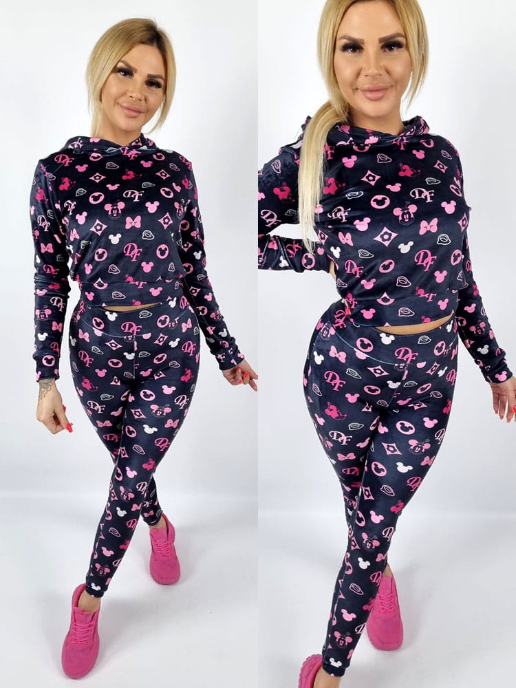 Komplet welurowy legginsy + bluza minnie DF czarny K176
