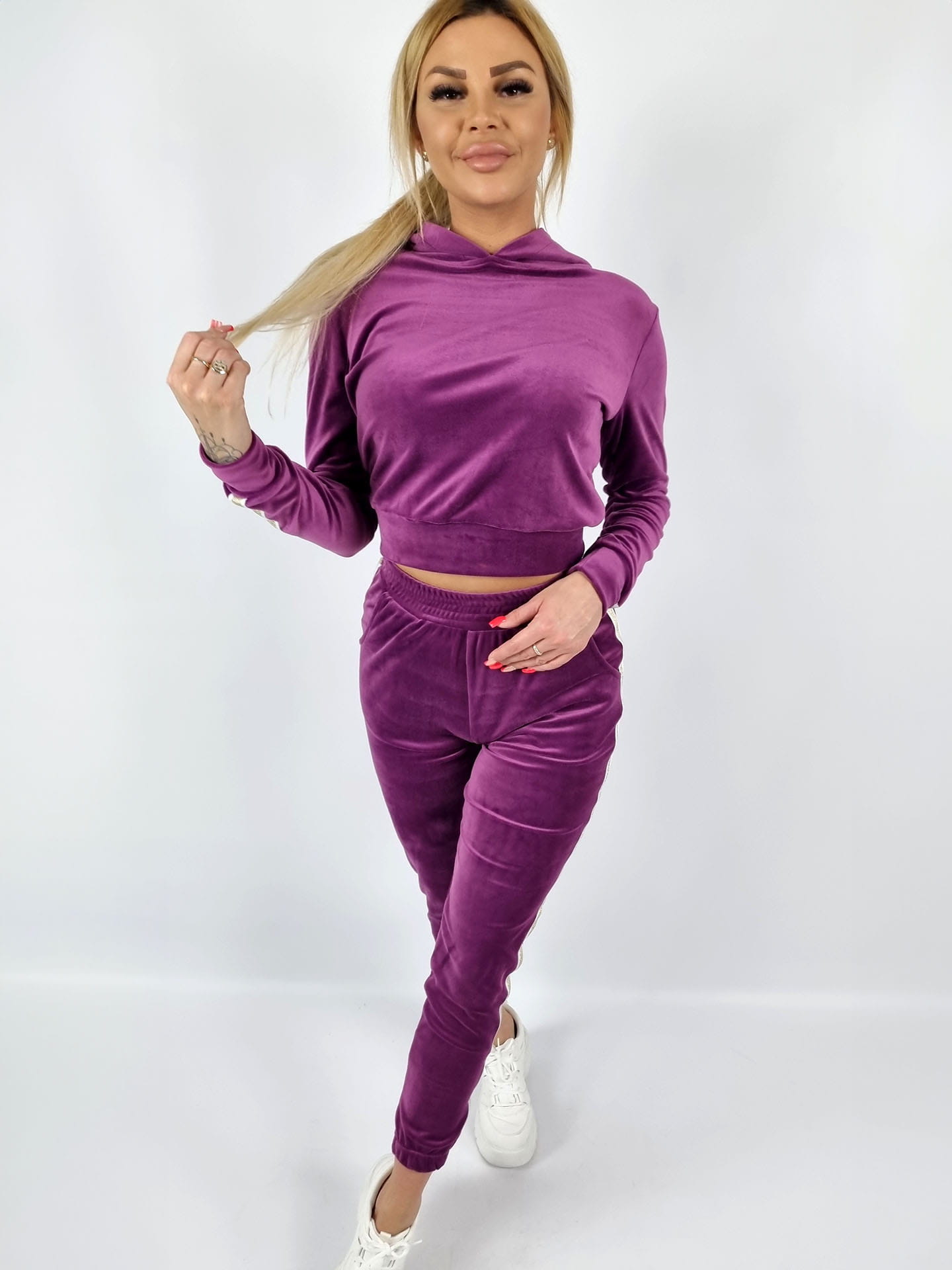 Dres welurowy bluza + spodnie lampas złoty fiolet K179