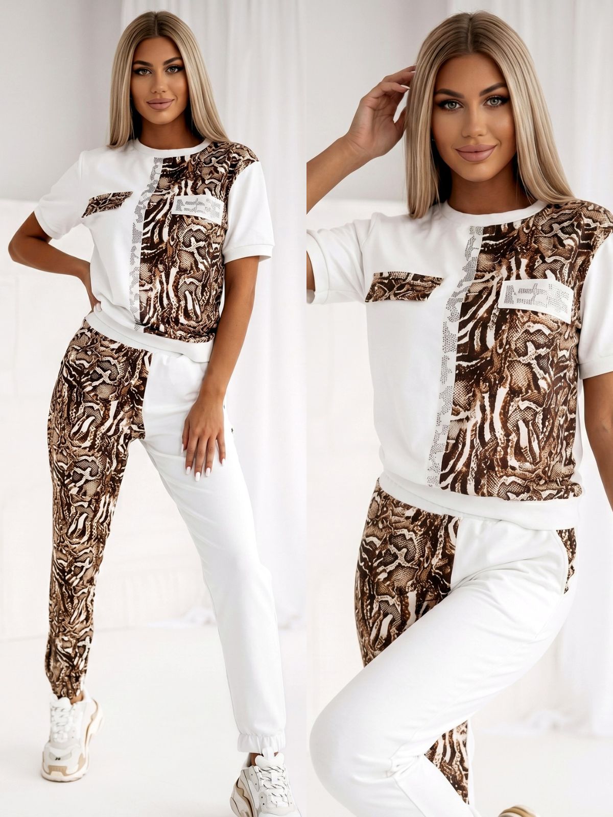 Komplet z printem animal – ecru