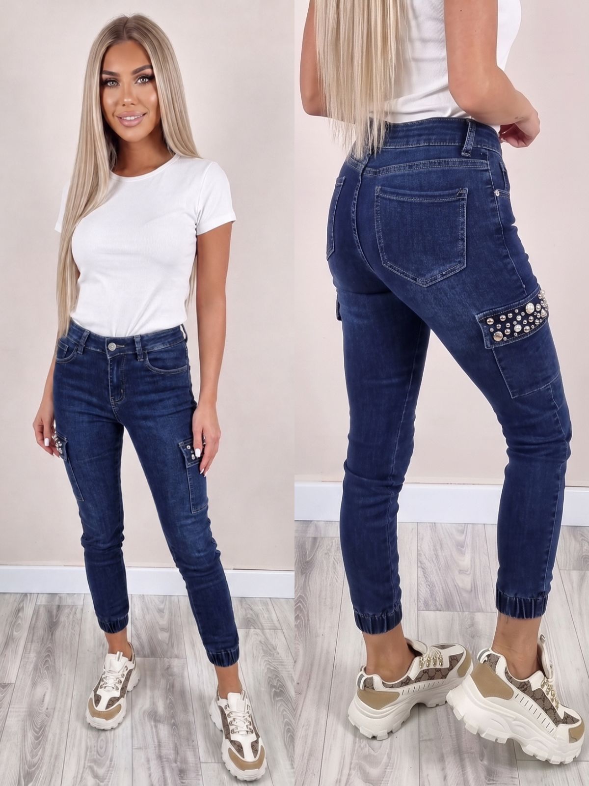 Spodnie jeans kieszenie perełki Denim Fit